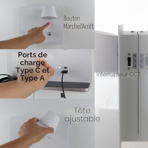 Alpinaluz Applique Murale LED Orientable 6W avec CCT 3000K/4000K/6000K, Ports USB et USB-C, Structure en Acier Laqué et Spot en Aluminium, Éclairage Intérieur IP20 (Blanc – Droite) – vue 8