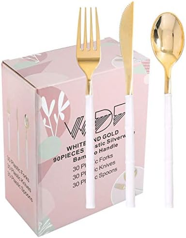 WDF 180Pieces Gold Plastic Silverware-Gold Plastic Cutlery with White Handle-Heavyweight Disposable Flatware-Include 60Forks, 60 Spoons, 60 Knives For Thanksgiving