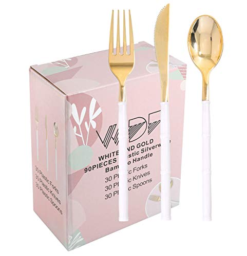 WDF 180Pieces Gold Plastic Silverware-Gold Plastic Cutlery with White Handle-Heavyweight Disposable Flatware-Gold Plastic Utensils Set Include 60Forks, 60 Spoons, 60 Knives