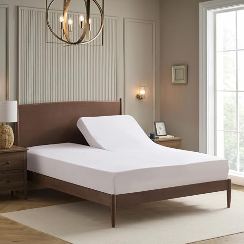 Image of Split Head King Sheets Set for Adjustable Beds 4 Piece Flex Top Bed Sheets - Deep Pocket Split Top Fitted Sheet with Built-in Corner Straps, Luxury Soft Cooling Bedding, Wrinkle Resistant, White
