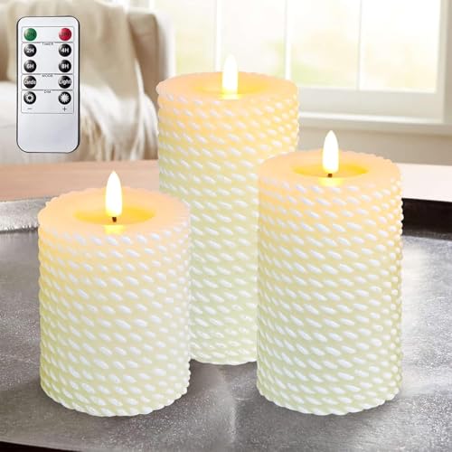 Image of Crystal Club White Flameless Candles,Corded Pattern Carving Battery Operated Candles with Remote Control LED Pillar Candles for Wedding Holiday Home Tabe Decor