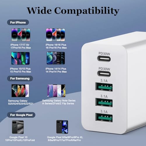 Image of 【2-Pack】 iPhone Fast USBC Charger, 80W USB C Wall Charger, Dual-30W Multiport Fast Charging Block, 5-Port Universal Plug Compatible with iPhone 17 /16 /15, Galaxy S25 /S24 /S23, iPad