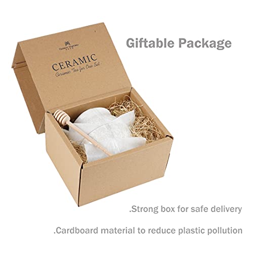 Taimei Teatime Ceramic Tea For One Set, 15Oz Teapot With Infuser And Cup Set For One With Honey Dipper Stick, White Tea Set Gift For Women, Adults, Loose Leaf Tea/Tea Bag Maker Set #TOP6