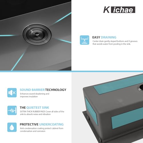 Image of 30 Black Kitchen Sink Drop In - Kichae 30 x 22 Drop In Kitchen Sink Workstation Gunmetal Black Nano Coating 304 Stainless Steel 16 Gauge with Glass Rinser & Cutting Board