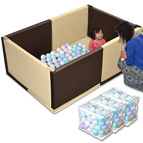 RiZKiZ キッズプレイサークル 【ベージュ×ブラウン】 ボール300個セット 【パステル】 100×150×55cm ベビーサークル ボールプール クッションマット 組立て簡単 防音 安全 安心 PVCレザーで防水仕様