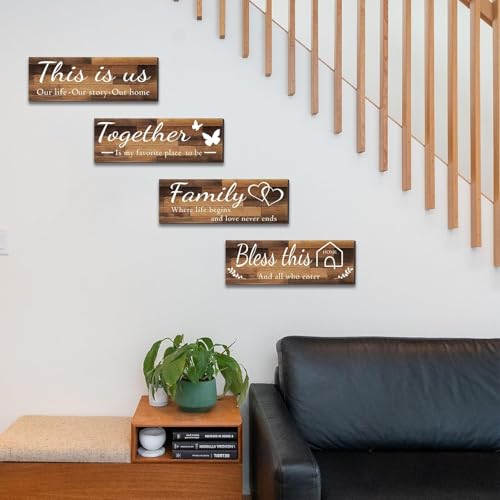 Image of DAKSHESTRY ARTWORKS 4 Pieces Home Wall Signs, THIS IS US /TOGETHER /BLESS THIS HOME /FAMILY Wall Decor For Living Room Bedroom, Rustic Wooden Farmhouse Wall Art,5 x 12 Inch(Brown)