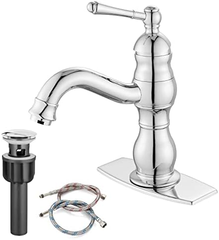 gotonovo Bathroom Sink Faucet Polish Chrome Long Spout Deck Mount Lavatory Vanity One Hole Mixer Tap with Metal Pop Up Drain Lavatory Commercial Hot and Cold Water Hose with Deck Plate