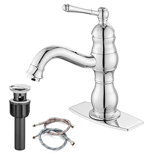 Gotonovo Bathroom Sink Faucet Polish Chrome Long Spout Deck Mount Lavatory Vanity One Hole Mixer Tap With Metal Pop Up Drain Lavatory Commercial Hot And Cold Water Hose With Deck Plate #TOP22