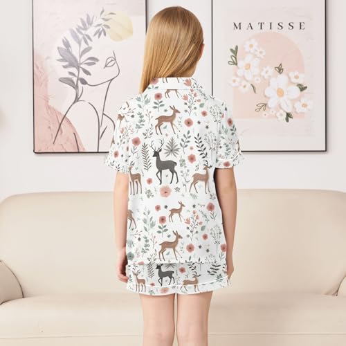 ALAZA Deer Floral Branches Pajamas Satin Pajama Set Short Sleeve Button Down Sleepwear4