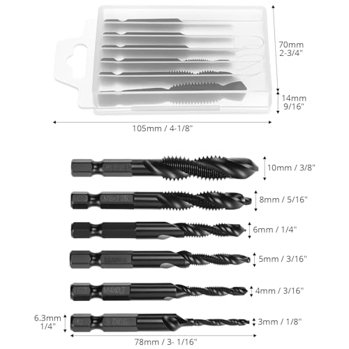 QWORK® 6 Packs Drill & Tap Bit Set, M3x0.5/M4x0.7/M5x0.8/M6x1.0/M8x1.25/M10x1.5 Combination Threading Bits, for Aluminum, Wood & Plastic 6 QWORK® 6 Packs Drill & Tap Bit Set, M3x0.5/M4x0.7/M5x0.8/M6x1.0/M8x1.25/M10x1.5 Combination Threading Bits, for Aluminum, Wood & Plastic - Image 6