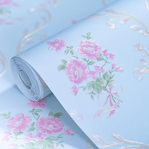 Image of wolpin Non-Woven Wallpaper Non-Adhesive (53 x 950 CM) (Rose Design) | Textured Damask & Roses Design Wallpaper | Light Blue Decorative Wall Covering for Home Interior (54.18 Sq Ft)