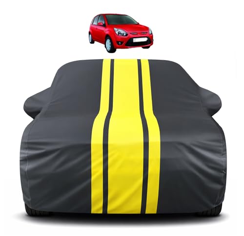 Image of Auto Hub Car Cover Compatible with Ford Figo with Mirror Pocket, Soft Cotton Lining, Figo Car Cover Waterproof - Yellow-Black
