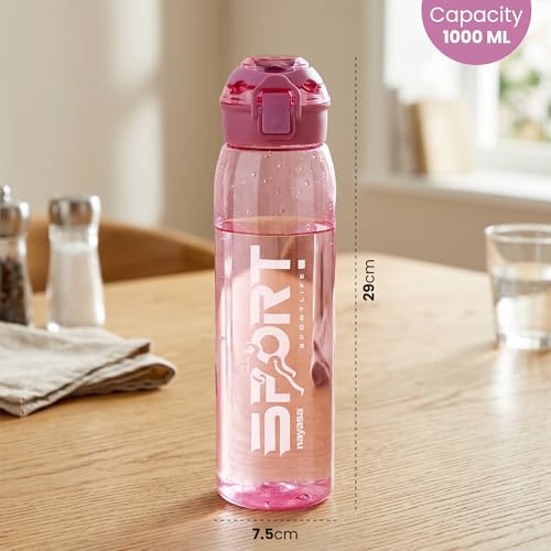 Image of Nayasa Turbine 1000 ml BPA Free Plastic Water Bottle | Leak Proof | Unbreakable | Wide Mouth with Scale | Sports Bottle | Pink