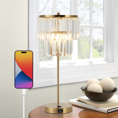 Doraloko Crystal Drop Lámpara de mesa con puerto de carga USB, acabado en oro satinado, bombilla LED Tiffany 6W para salón, dormitorio, noche (cristal transparente con oro satinado)