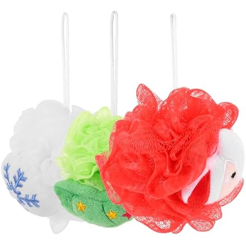 SOLUSTRE Christmas Loofah Sponge Body Scrubber 3Pcs Christmas Bath Character Loofahs Santa Christmas Tree Snowflake Loofah Bath Pouf Mesh Skin Cleaning Scrubber for Adults Christmas Gifts Cover