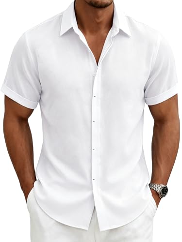 Ficovis Big and Tall Men's White Button Up Linen Shirts Casual Short Sleeve Dress Shirt Summer No Tuck Beach Vacation Tops Nice Shirt Regular Fit Plus Wrinkle Resistant Size 6XL