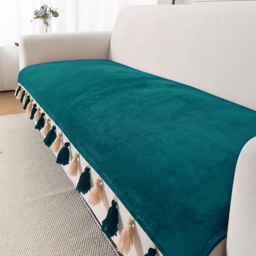 Image of HOKIPO Sofa Cover Mat with Tassel for 1 /2 /3 Seater & L Shape Sofa | DIY Sofa Cover Set | Dyed Holland Velvet | 'TasselTone Series' 70(W) x 170(L) cm |Teal (NEW-IN-1108-TL)