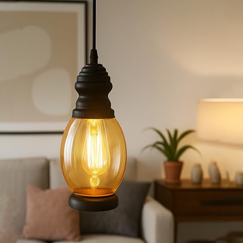 DarkVision Vintage Lantern Pendant Light with E27 Holder Rustic Hanging Ceiling Lamp, Black Finish, Clear Glass Shade Farmhouse Industrial Style Lighting for Kitchen, Dining Room (Without Bulb)