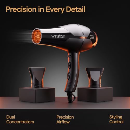 Image of Winston Pro Flow 2600 Watt Professional Hair Dryer with 3 Heat, 2 Speed Settings & 1 Cool Shot Interchangeable Nozzles for Smooth Salon Styling for Men & Women, All Hair Types
