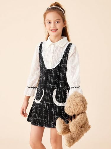 Image of WDIRARA Girl's Plaid Print Bow Front Tweed Dress Flounce Long Sleeve Mock Neck Cute Elegant Short Dresses Black and White 11-12Y