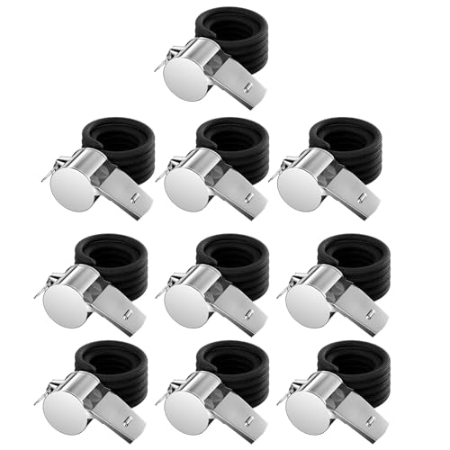 Huangyihan 10 silbatos de acero inoxidable, silbato de árbitro con cordón, sonido fuerte y claro, ideal para deportes al aire libre, árbitros de fútbol, entrenador, entrenamiento de perros, deportes