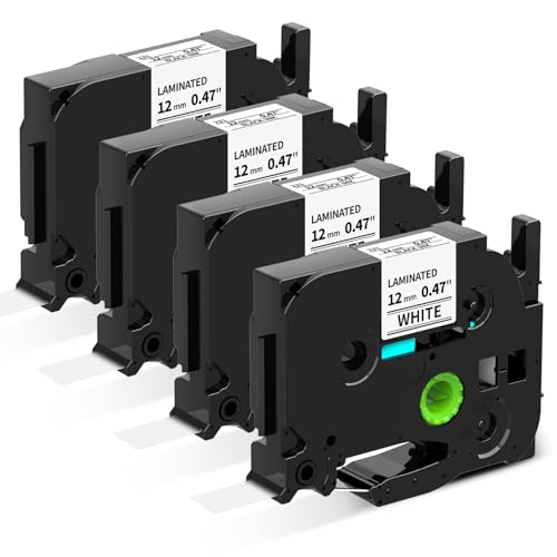 Tz Tape 12mm 0.47 Inch Laminated Black on White Replace for Brother P-Touch Label Tape TZe-231 Label Maker Refills TZe TZ-231 for Ptouch PT-D210 D200 H110 D220 H103w D410, 12 mm x 8m, 4-Pack