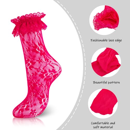Image of Women Lace Ruffle Socks White Black Frilly Lolita Crew Dress Socks | Womens Ankle Lacy Ruffled Socks Adult Cute Soft Cotton Thin Sexy Mesh Lace Trim 80s Casual Church Socks for Ladies Big Girls
