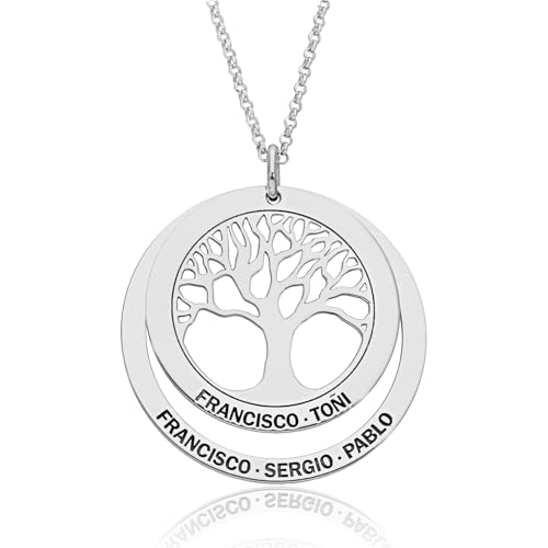 Collar Arbol de la Vida Personalizado para Mujer en Plata de Ley - con Cadena de 45 cm + Alargador - Regalo Original para Madres y Abuelas (Collar Arbol + 1 Aro Plata)