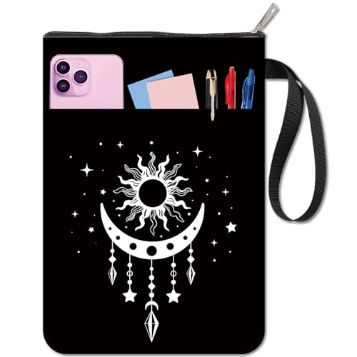 CRASPIRE Moon Phase Book Covers Black Book Protector Sun Star Vintage Book Sleeve for Paperbacks Washable Fabric Cloth Book Cover with Zipper and Extra Sleeve Pocket for Book Lovers Classmate Gifts
