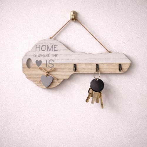 Image of CraftVatika Wooden Key Holder for Wall with 3 Hooks, Key Shape Wall Hanging Organizer Rack, Decorative Entryway Holder for Home Entrance, Wall Mounted Stand, Housewarming Gift, Home Decor Item