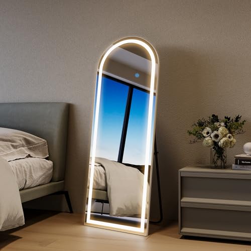 Koonmi LED Full Length Mirror, 56"x20" Floor Mirror with Dimmable Lights - 3 Color Modes, Arched Full Body Mirror, Standing Leaning Wall Mounted for Bedroom, Dressing Room
