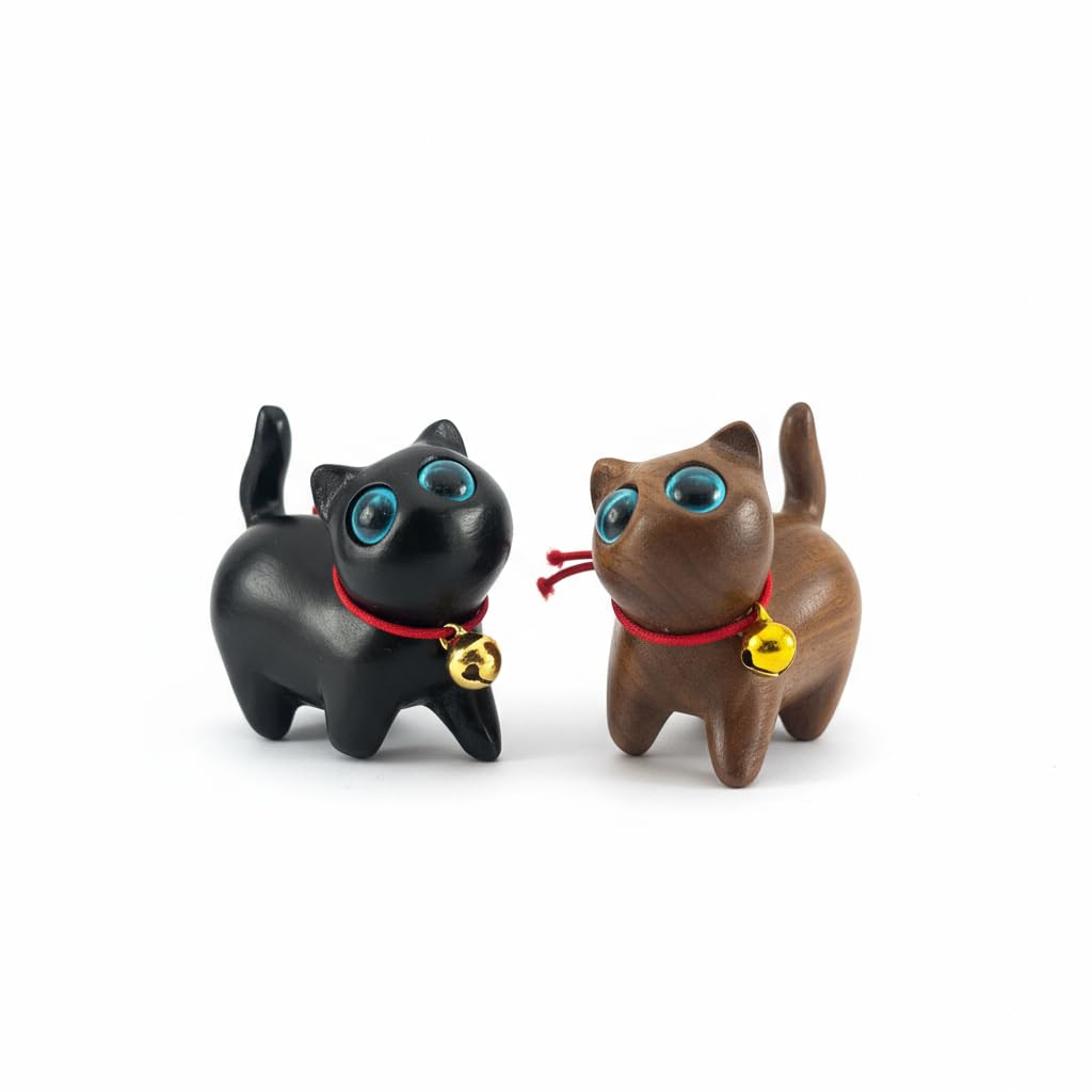 Tyxzle 2Pcs Hand Carved Ebony & Green Sandalwood Cat Statue, Small Handmade Kitten Sculpture for Home Decor Gift