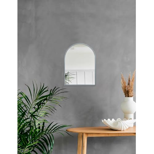 Image of Wall Mirror Arched Bathroom Mirrors Aluminum Alloy Frame Contemporary Hanging Vanity Mirror for Living Room Bedroom Entryway Vanity, Brushed Metal Framed Wall Mounted Mirror Gray 16 inchx12 inch
