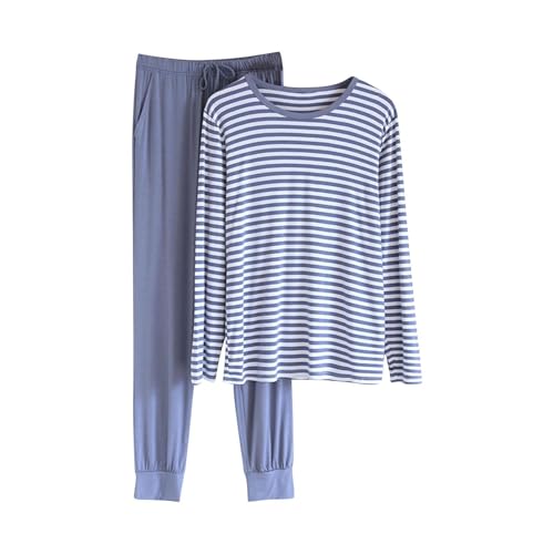 Men's Long Sleeve Pajama Set Soft Lightweight 2-Piece Sleepwear Stripe Pjs for Nightwear Home Lounge with Pockets