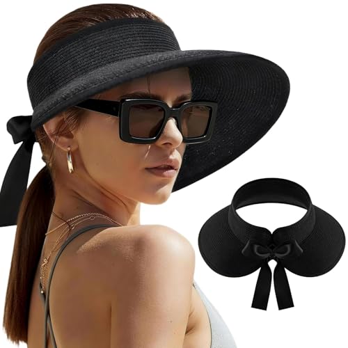 TURADH Sun Visors for Women, UPF 50+ Foldable Roll Up Straw Visor Hat, Wide Brim Bowknot Beach Hat, Ponytail Summer Packable Hat Cap, Cruise wear for Womens Ladies (Black)