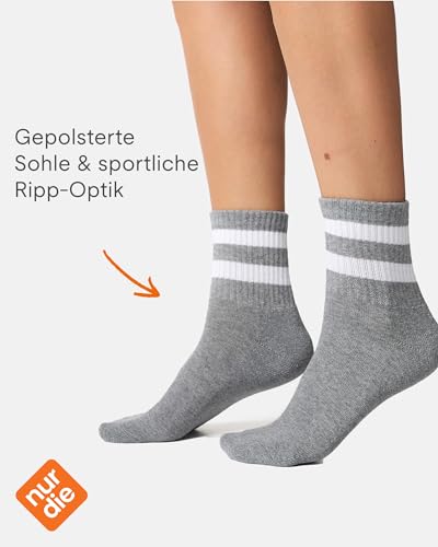Nur Die 3er Pack kurze Retro Tennissocken Sport Socken mit Streifen aus atmungsaktiver Baumwolle Damen, schwarz/grau, 35-38