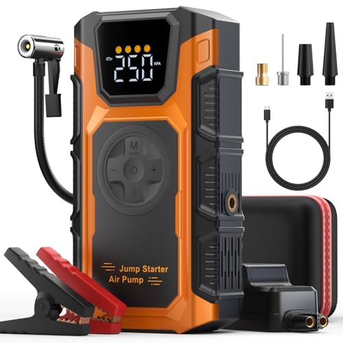 2025 Car Battery Booster Jumper: 6000A Jump Starter Power Pack&Tyre Inflator, 12V Portable Car Jump Starter Power Bank&150PSI Air Compressor& Jump Leads - For 10L Petrol/8L Diesel/Hybrid(Orange)