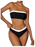 GORGLITTER Women's 2 Piece Strapless Swimsuits Color Block Bandeau Top Hipster Bikini Set Beach Swimwear Black and White Large