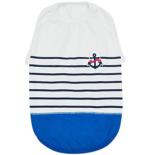 Blueberry Pet Soft & Comfy Summer Vacation Beach Cotton Dog T-Shirt in Blue Stripes, Sea Lover Shirt Tank Top Clothes, Back Length 14