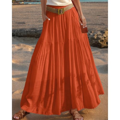 Women's Casual Boho Elastic Waist Cotton Linen A-Line Maxi Skirts, 2025 Fashion Soft Swing Beach Long Skirt with Pockets3