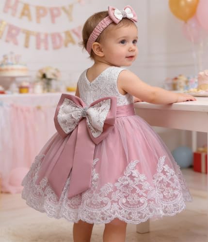 Image of LZH Baby Girls Ruffle Lace Backless with Headwear,Bowknot Flower Dresses Pageant Party Wedding Baby Girl Christmas Dress