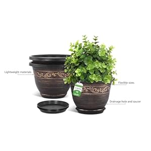 Plastic-Plant-Flower-Planters-16 Inch with Drainage Hole & Saucer, 3 Packs Lightweight Small Resin Flower Pot Indoor Outdoor, Retro Antique Imitation Decorative Garden Containers Sets for Houseplants Plastic Plant Flower Planters 16 Inch with Drainage Hole Saucer 3 Packs Lightweight Small Resin Flower Pot Indoor Outdoor Retro Antique Imitation Decorative Garden Containers Sets for Houseplants