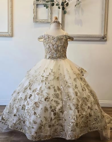 Luxury Flower Girl Dress with Gold Floral Butterfly Party Ball Gowns Beaded Sequin Mini Quinceanera Dresses for Girls2