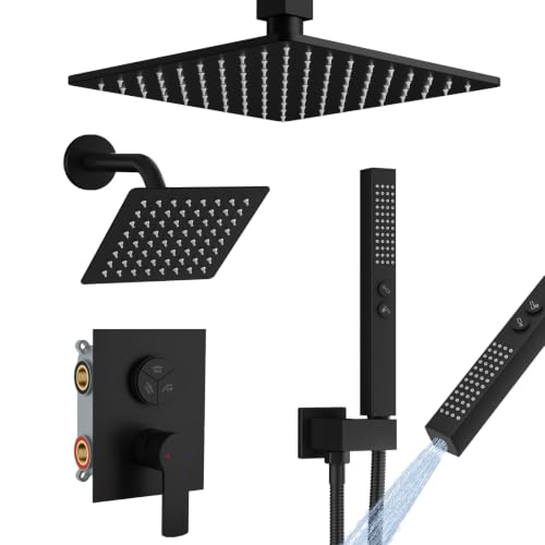 Juego de grifería para ducha RUMOSE con dos cabezales de lluvia de 10 y 6 pulgadas, montaje en techo y pared, acabado negro mate, sistema de ducha completo con rociador de mano 2 en 1, kit de terminación con válvula miniatura 1