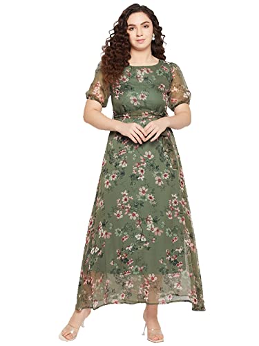 Image of SEREIN Fashfun Women's Maxi Dress (Green Floral Printed Chiffon Dress with Short Puff Sleeve)