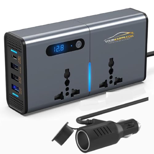 Image of YOURKARTS.COM 200W Car Power Inverter 12V to 220V DC to AC Converter with 2 USB Ports + 2 Type-C + 2 AC Outlets | Portable Car Charger Adapter for Laptop, Mobile, Travel Use