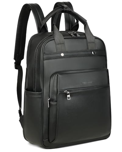 MASINTOR Leather Laptop Backpack for Women, Stylish Computer Backpack College Business Work Shoulder Bags Work and Travel Black