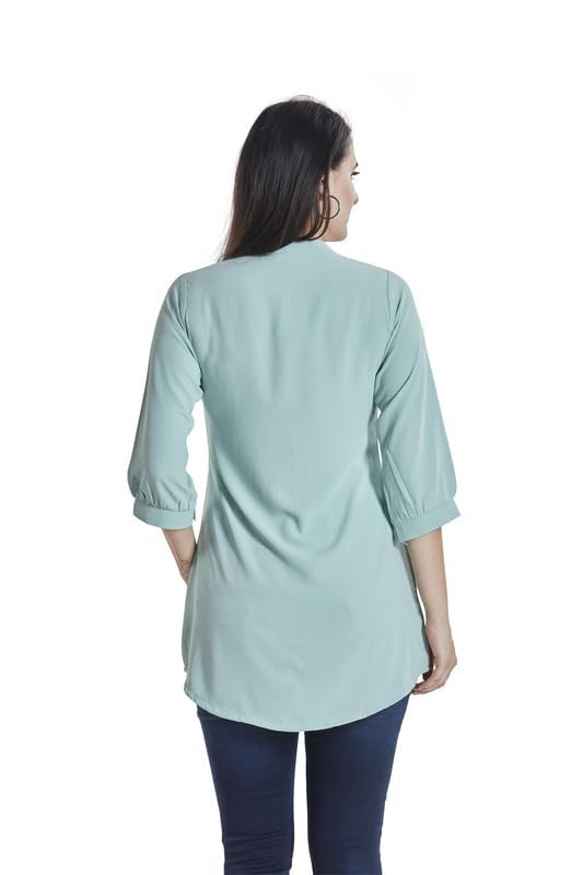 Image of nioni Women's Purple Poly Linen Blend Tunic Top with 3 /4 Sleeves, Printed Yoke, Kantha Stitch Detailing & Mandarin Collar