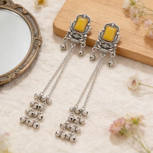 Image of I Jewels Traditional Silver Oxidised Kashmiri Long Dangler Earrings with Ghungroo for Women & Girls Gift