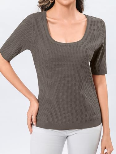 Totatuit Women Half Sleeve Sweaters Square Neck Tops Coffee Gray L - image 3